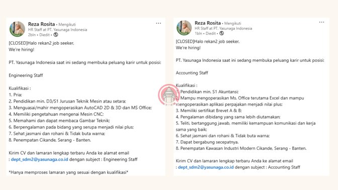 Contoh Loker PT Yasunaga Indonesia