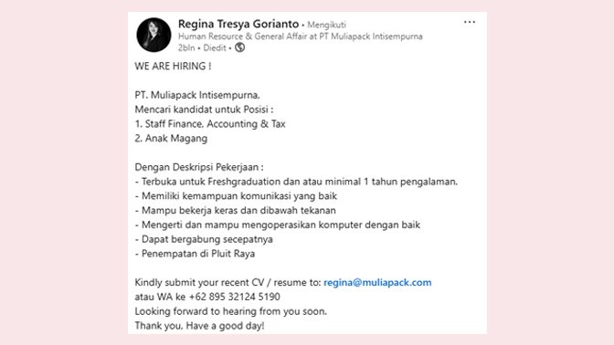 Contoh Lowongan Kerja di PT Muliapack Intisempurna